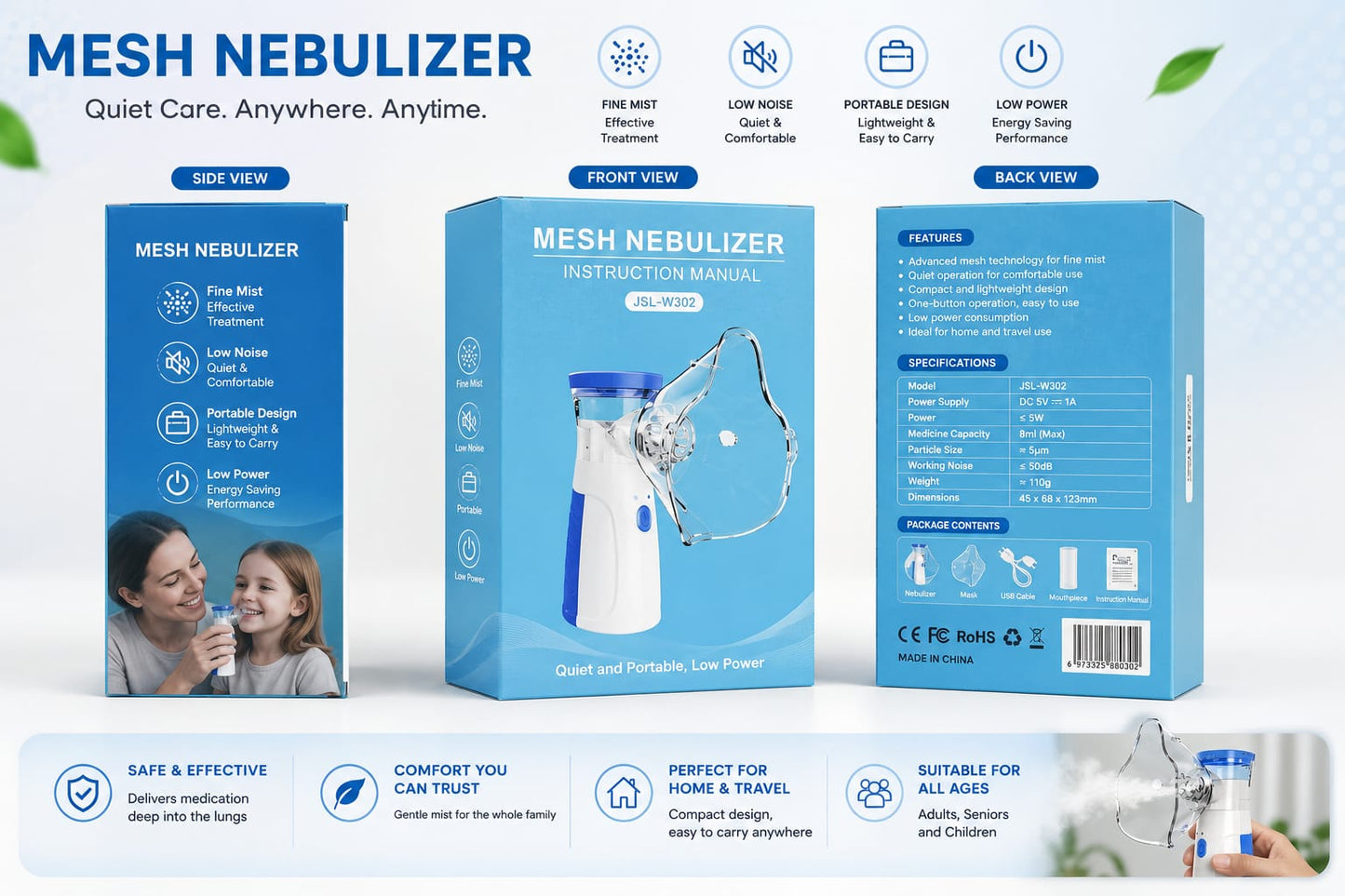 Portable Mesh Nebulizer Machine – Silent Handheld Inhaler for Adults & Children